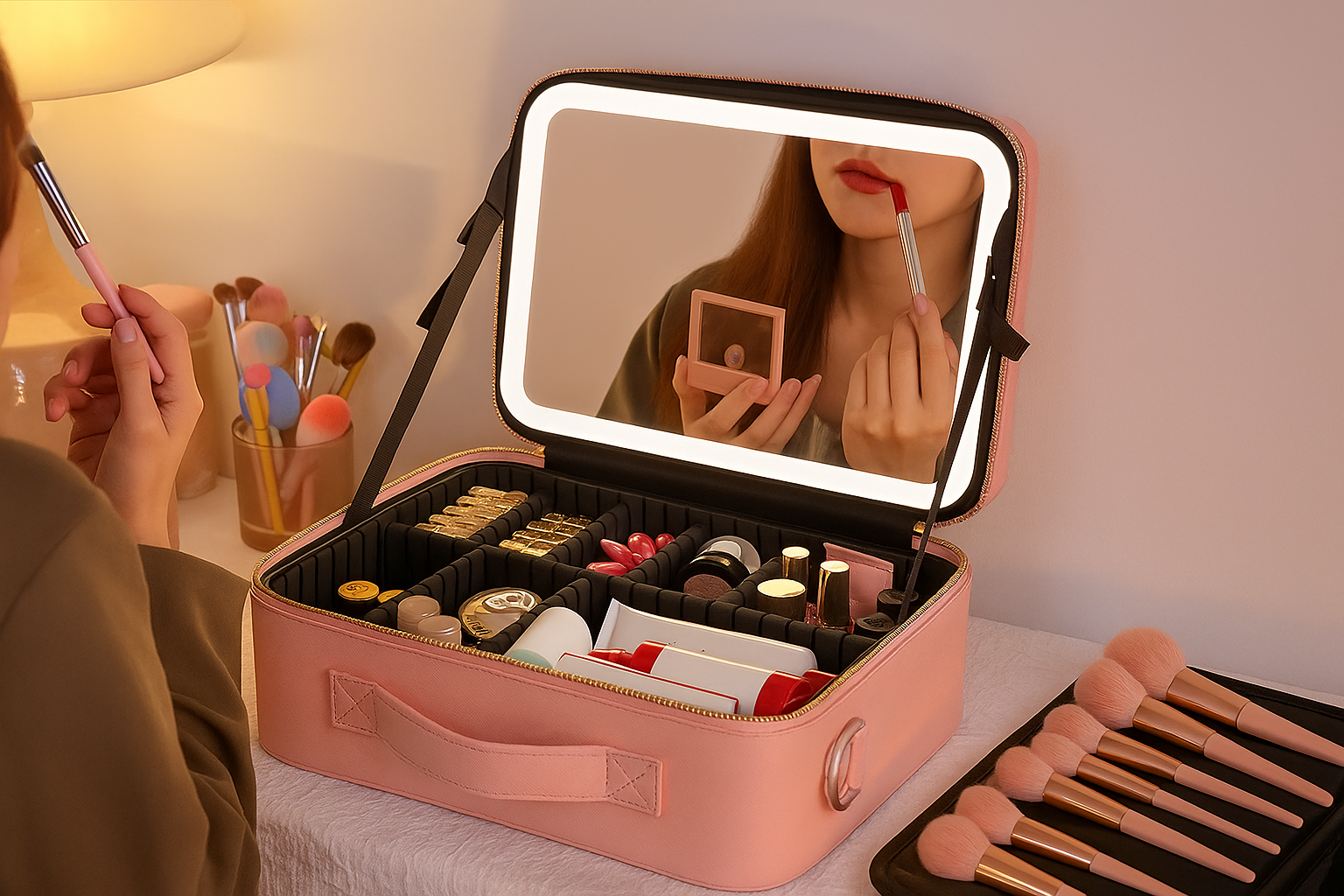 Organizador de maquillaje portátil con espejo LED