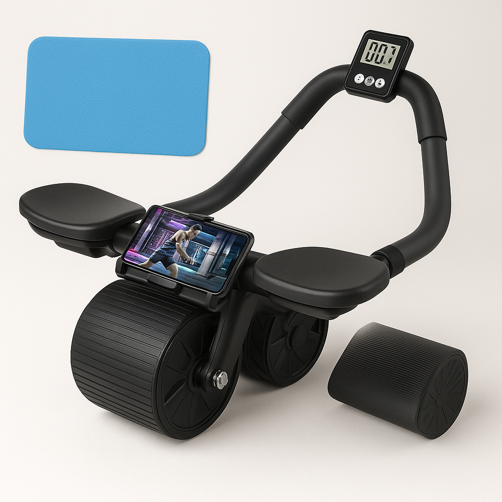 Rodillo abdominal con apoyabrazos, cronometro y alfombrilla para rodillas