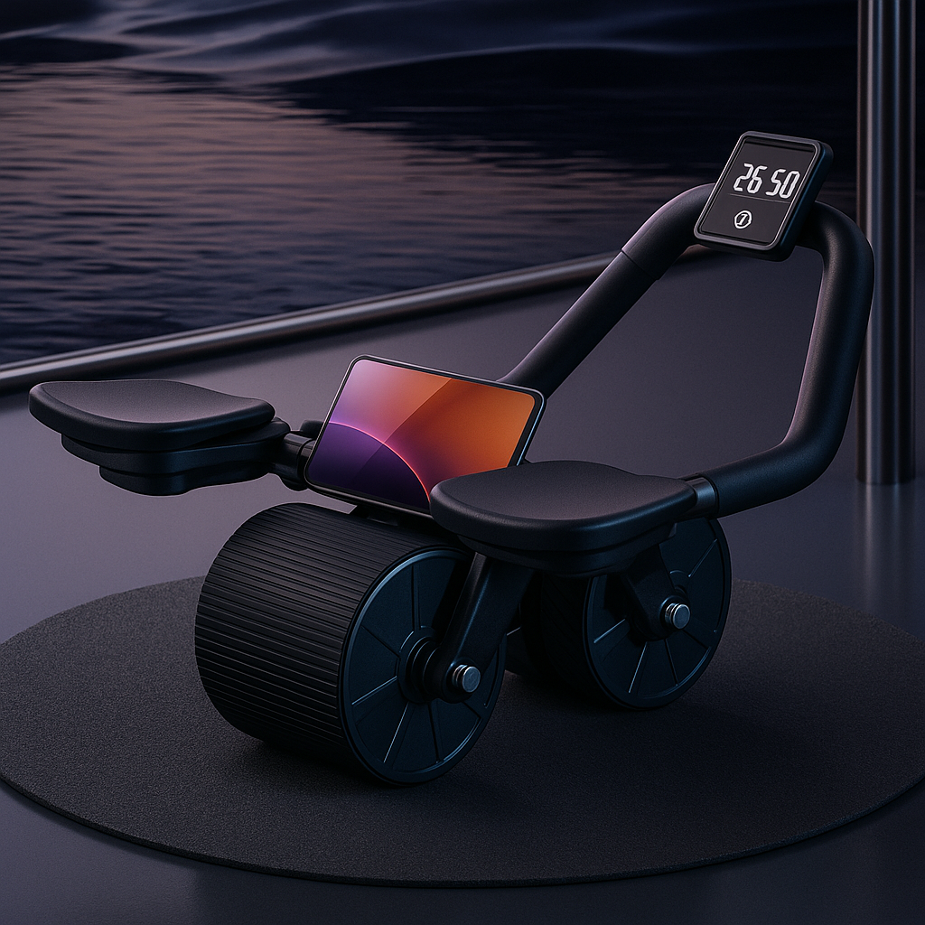 Rodillo abdominal con apoyabrazos, cronometro y alfombrilla para rodillas